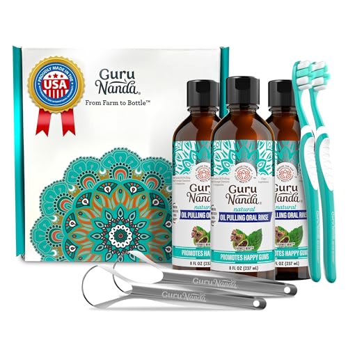 GuruNanda CocoMint Oil Pulling Mouthwash for Complete Oral Hygiene, 7 Essential Oils & Vitamins for Happy Teeth & Gums & Fresh Breath, Alcohol-Free, 3X8 oz