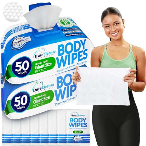 Dura Cleanse Body Wipes for Adults Bathing No Rinse (2 Pack) 100 XL Shower Wipes + 8 Travel Bath Sheets - 9" x 12" Extra Thick Waterless Adult Disposable Washcloths for Camping, Elderly Incontinence