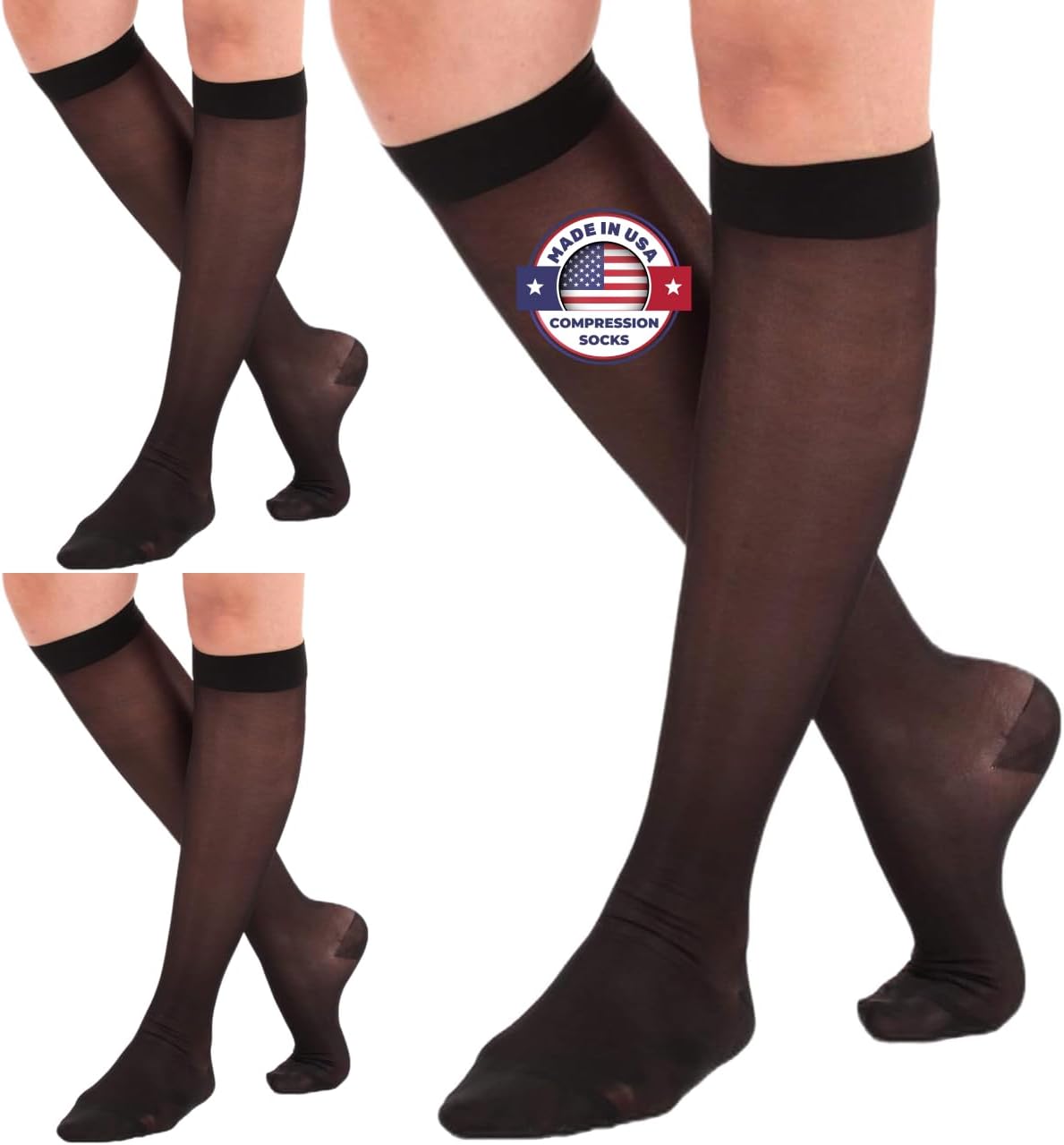 (3 Pairs - Closed Toe) Wide Calves Sheer - Black 15-20mmHg
