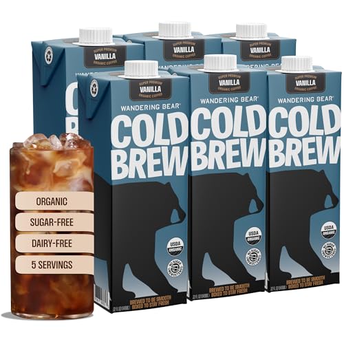 Wandering Bear Organic Vanilla Cold Brew Coffee, 32 fl oz, 6 pack - Extra Strong, Bold, Smooth, Unsweetened, Shelf-Stable, Ready to Drink, Gluten Free, & Vegan, Iced Cold Brewed Coffee Drinks