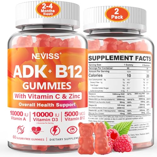Sugar-Free ADK+Vitamin B12 Gummies - Vitamin D3 K2 10,000IU/ 5000IU, B12 5000mcg 2500mcg, K2 (MK-7) 240mcg, Multivitamin Adults-Vitamin A,Vegan Vitamin D,Methyl B12,C,Zinc-Eye,Bone,Energy,Nerve,Immune