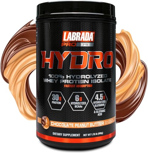 LABRADA HYDRO 100% Pure Hydrolyzed Whey Protein Isolate Powder, Lactose free, 6g BCAAs, 4.5g Glutamine, Fastest Digesting Whey Available, Instant Mixing, Delicious Taste 20 Servings Choc PeanutButter