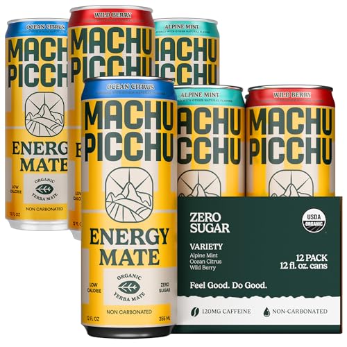 MACHU PICCHU Non-Carbonated Yerba Mate Energy Drink  Zero Sugar, 120mg Organic Caffeine, Smooth Focus Without Jitters or Crash, Low Calorie, USDA Organic, 12oz Cans (12-Pack Variety Pack
