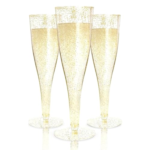 Prestee 200 Disposable Champagne Flutes Gold Glitter Glasses - 4.5 Oz Plastic Champagne Cups for Parties, Wedding Toasts, Mimosa Bar, and New Years Eve - Elegant Bulk Gold Plastic Wine Flutes