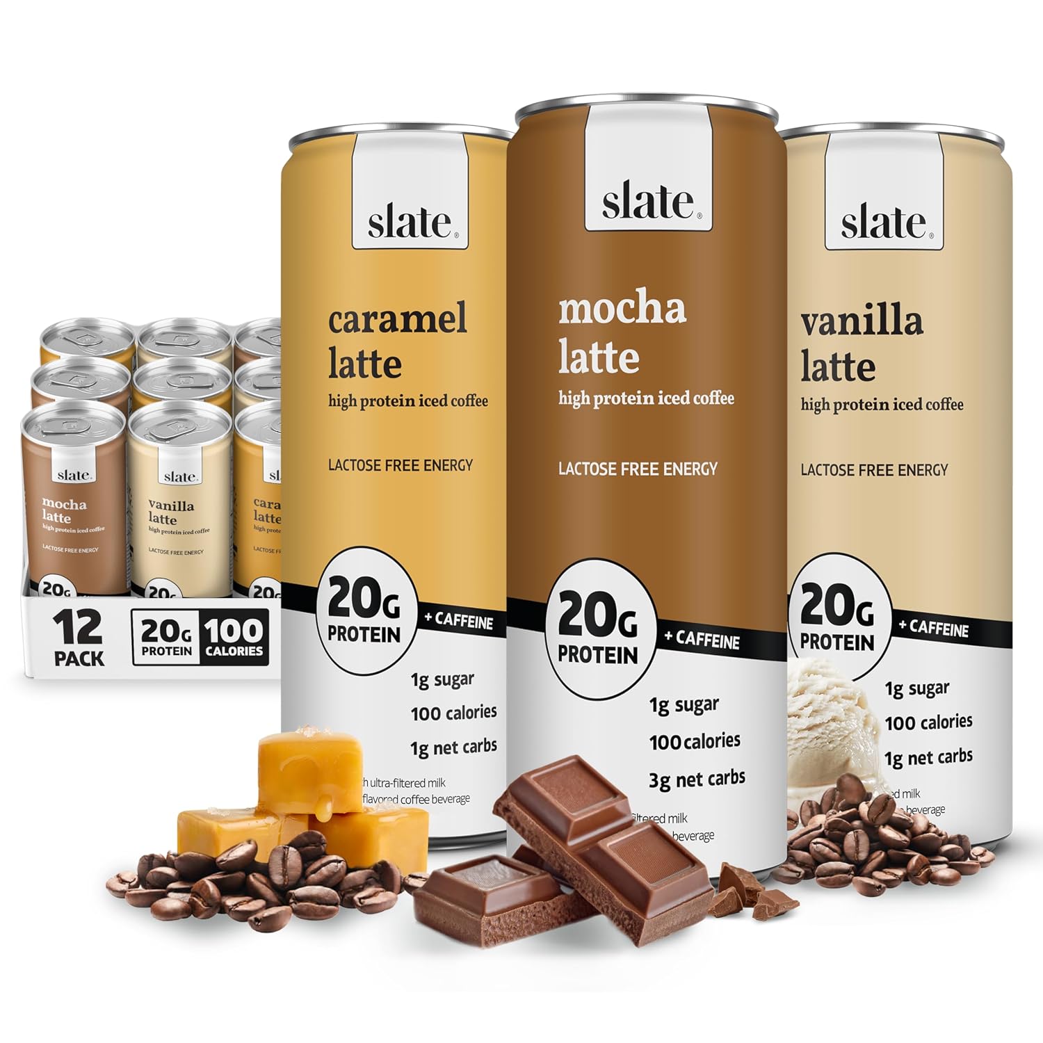 Slate Milk - High Protein Iced Coffee - Energy Variety Pack - Caramel Latte, Mocha Latte, Vanilla Latte - 175mg Caffeine, Lactose Free - 20g Protein, 1g Sugar - Protein Coffee - 11 fl oz, 12 Cans