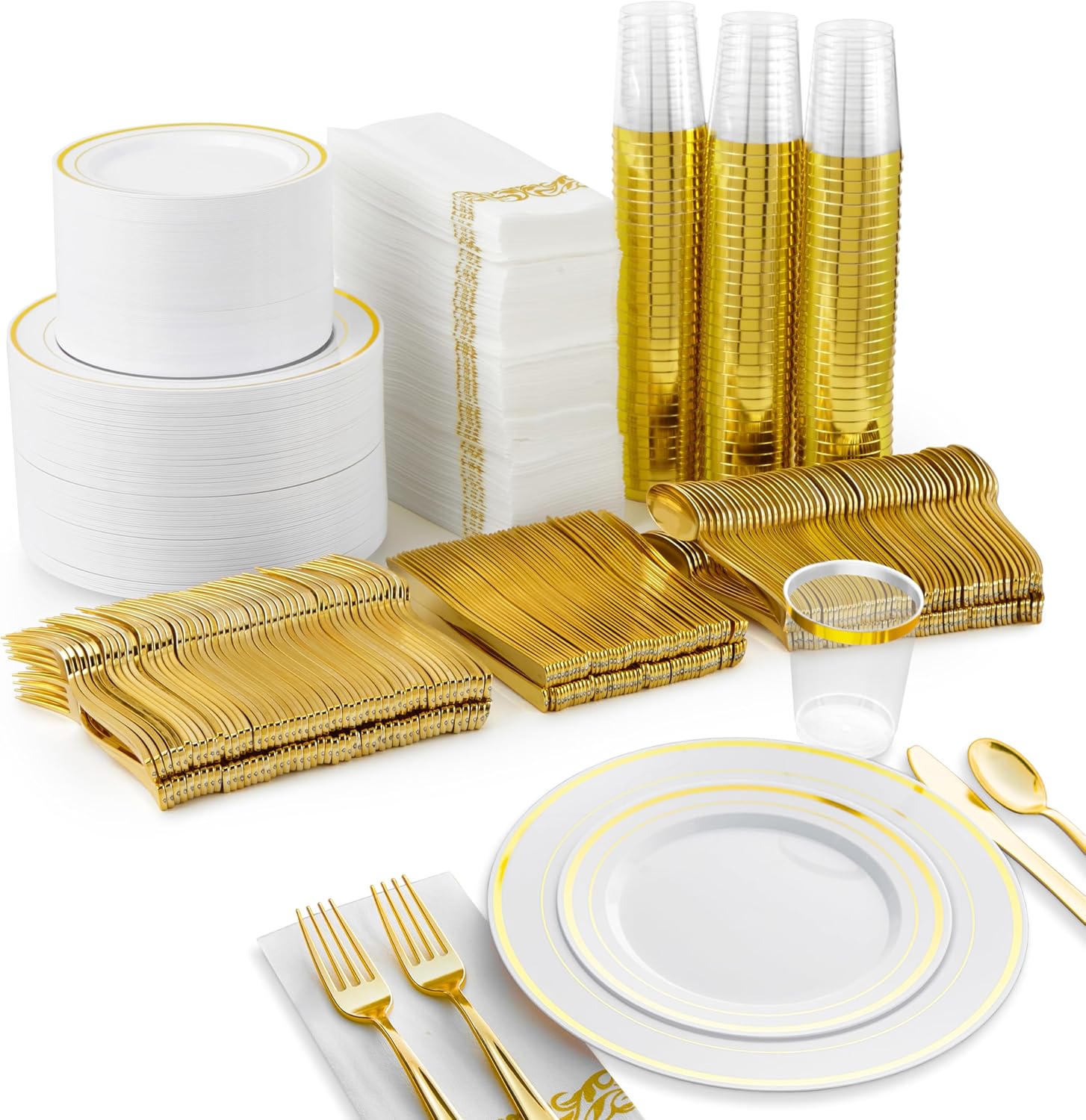 700 Piece Dinnerware Set for 100 Guests: 200 Gold-Rim Plates, 100 Silverware Sets, 100 Cups, 100 Napkins  Bulk Disposable Party Supplies for Weddings and Events