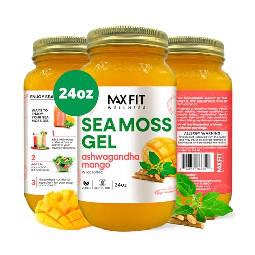 Sea Moss Gel Ashwagandha Mango (25 Flavors) 24oz Wildrafted Gold Sea Moss Gel from Saint Lucia | 92 Vitamins and Minerals | Pure Raw+Non-GMO
