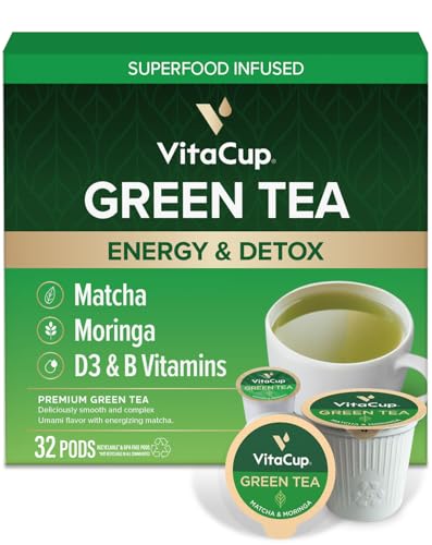 VitaCup Green Tea Pods, Enhance Energy & Detox with Matcha, Moringa, B Vitamins, D3, Keto, Paleo, Vegan, Recyclable Single Serve Pod, Compatible with Keurig K-Cup Brewers,32 Ct