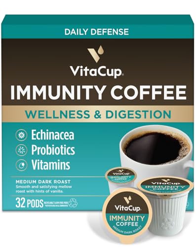 VitaCup Immunity Coffee Pods, Wellness Boost with Antioxidants, Echinacea, Probiotics, Vitamin C & D3, Medium Dark Roast, Recyclable Single Serve Pod Compatible with Keurig K-Cup Brewers,32 Ct