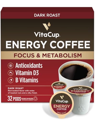 VitaCup Energy Dark Roast Coffee Pods, Boost Focus & Metabolism, Antioxidants, B Vitamins, Bold & Smooth,100% Arabica Coffee, Recyclable Single Serve Pod Compatible with Keurig K-Cup Brewers,32 Ct