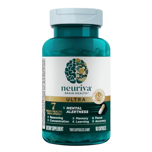 NEURIVA Ultra Decaffeinated Clinically Tested Nootropic Brain Supplement for Mental Alertness, Memory, Focus & Concentration, Cognivive, Neurofactor, Phosphatidylserine, Vitamins B6 B12, 60 Capsules