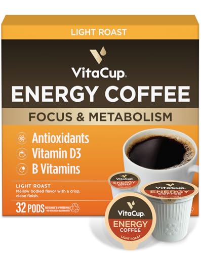 VitaCup Energy Light Roast Coffee Pods, Boost Focus & Metabolism, Antioxidants, B Vitamins, Crisp & Smooth,100% Arabica Coffee, Recyclable Single Serve Pod Compatible with Keurig K-Cup Brewers,32 Ct