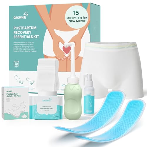 Grownsy Postpartum Essentials Recovery Kit for Labor & Delivery | Postpartum Kit for Women | Includes Upside Down Peri Bottle, Perineal Spray, 28 Cooling Pad Liners,2 Ice Packs &4 Disposable Underwear