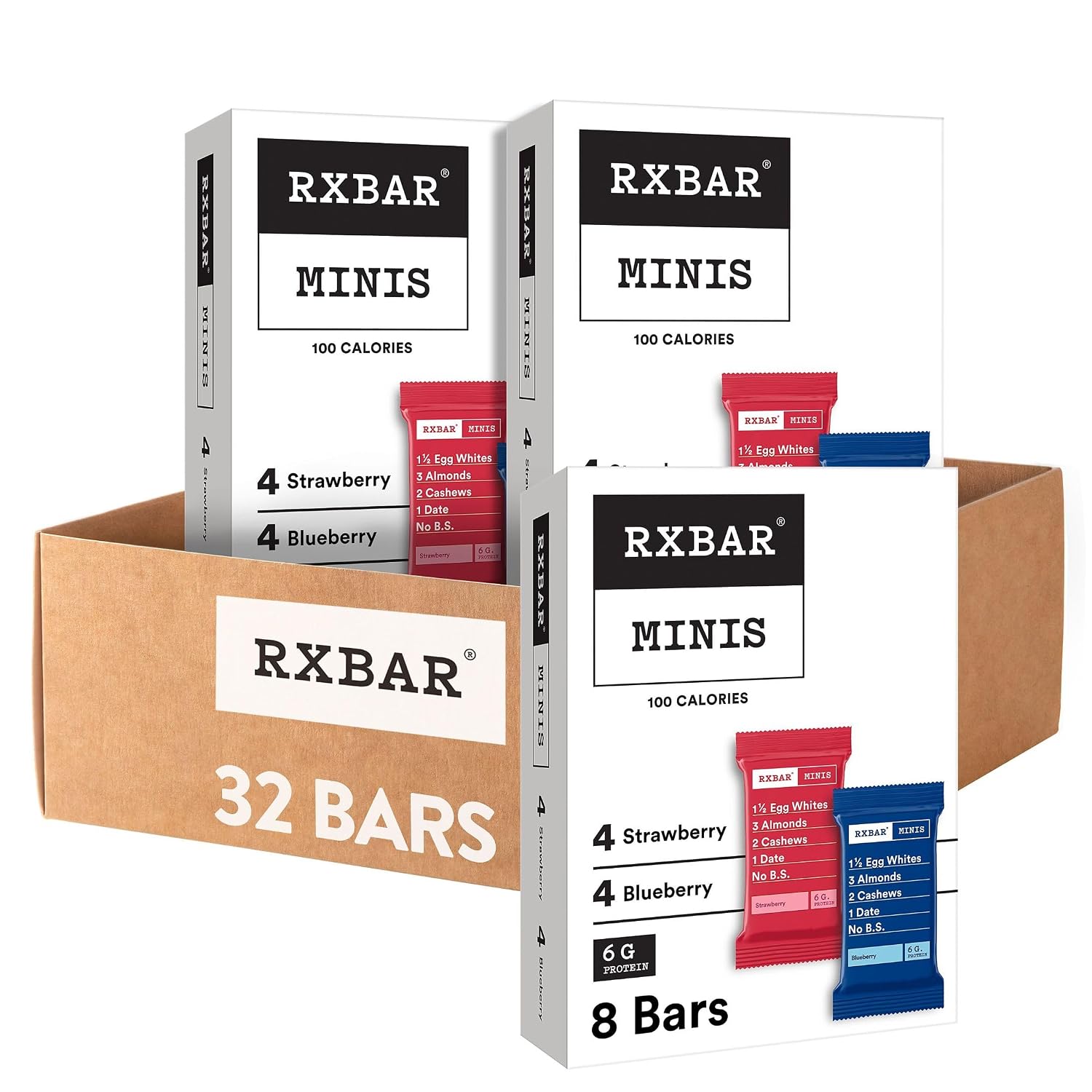 RXBAR Minis Protein Bars, 6g Protein, Gluten Free Snacks, Variety Pack (4 Boxes, 32 Count)