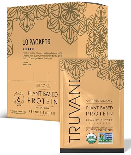 Truvani Vegan Pea Protein Powder | Peanut Butter | 20g Organic Plant Based Protein | Single Serving Travel Packets | 10 Servings | Keto | Gluten & Dairy Free | Low Carb | No Added Sugar