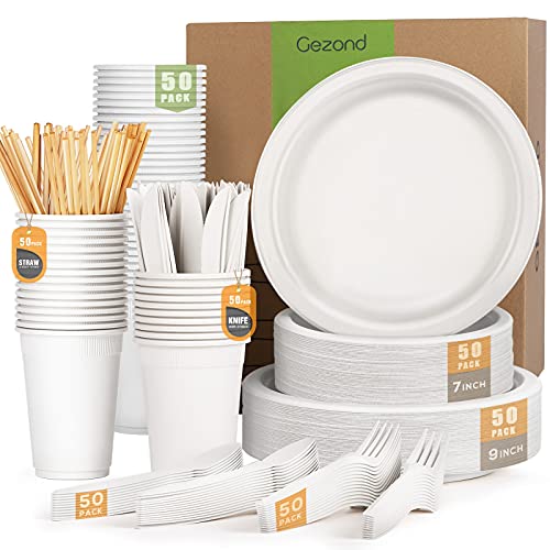 Compostable Paper Plates 350pcs Disposable Plates for Wedding Party Eco-friendly Sugarcane Plates Biodegradable Cutlery Forks Knives Spoons Cups and Straws for 50 People