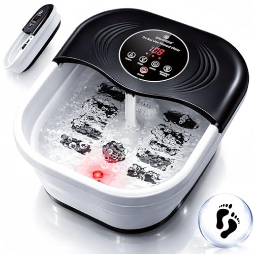 Collapsible Foot Spa Bath with Heat, Bubble Jets, Red Light & Temp Control - Foot Bath Massager with 8 Shiatsu Rollers, Pumice Stone & Timer, Portable Soaking Tub for Relaxation & Pain Relief - Gifts