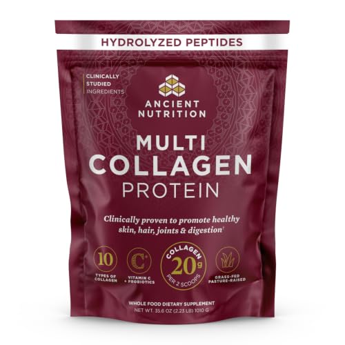Ancient Nutrition Collagen Peptides Powder, Multi Collagen Protein, Women & Men, Vitamin C, Probiotics, Hydrolyzed Collagen, Supports Skin, Joints, Gut Health, Unflavored, 100 Servings