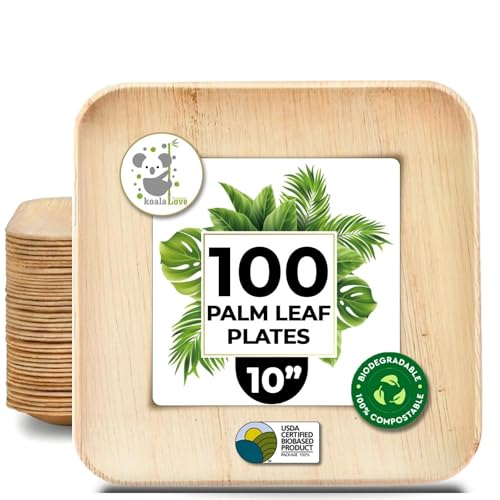 KoalaLove Palm Leaf Plates Bamboo Disposable Square 10 inch 100 Bulk Party Pack Elegant Sturdy Design Better Than Paper and Plastic Plate (KoalaLove -PLP-10IN-100-Plates)