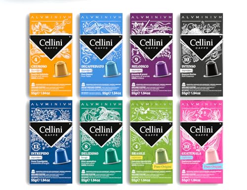 Cellini Caffe Mixed Variety Aluminum Nespresso Pods, 8 Distintive Italian Flavors, 100% Nespresso Original Machine Compatible, 80 Count, Medium to Strong Roast Coffee Capsules