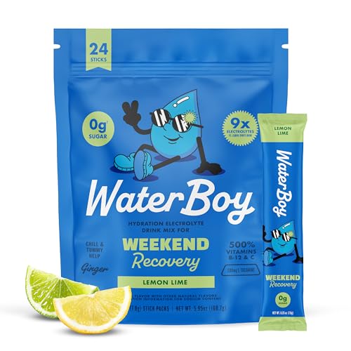 Waterboy Weekend Recovery | 3,200mg Electrolyte Powder Packets | Ginger + L-Theanine + Vitamins | No Sugar, All Natural, Gluten Free | 24 Drink Stick Mixes (Lemon Lime)