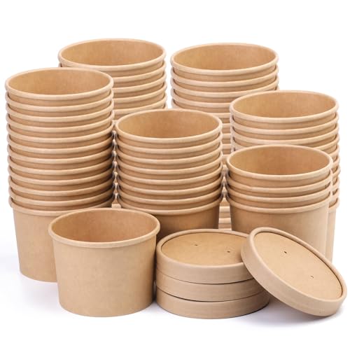 12 oz 75 Pack Paper Soup Cups with Lids, Disposable Kraft Paper Bowls, Soup Containers To Go, Ice Cream Cups For Dessert Yogurt Ice Cream
