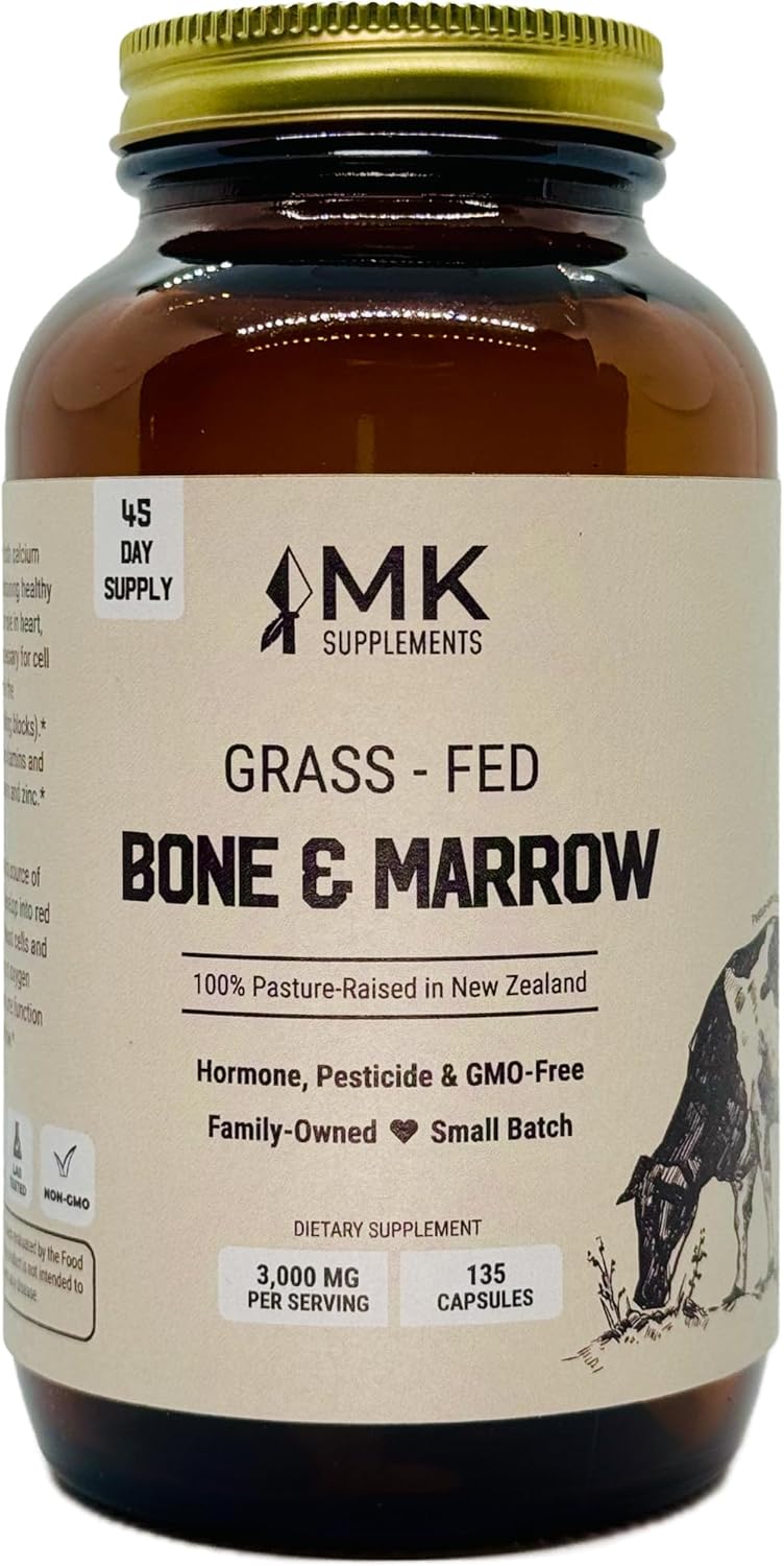 MK Supplements  Grass-Fed Beef Bone & Marrow 3000 mg, Beef Bone Marrow Supplement, 100% Pasture-Raised New Zealand Cattle, 45-Day Supply, Calcium for Teeth and Bones