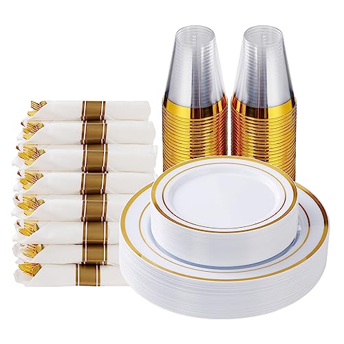 Goodluck 175 Piece Gold Plastic Dinnerware Set for 25 Guests, Fancy Disposable Plates for Party, Include: 25 Dinner Plates, 25 Dessert Plates, 25 Pre Rolled Napkins with Gold Silverware, 25 Cups