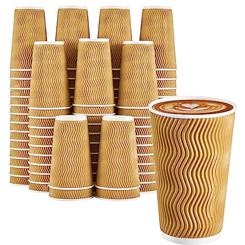 90 Pack 16 oz Disposable Coffee Cups No Lids, Champagne Insulated Ripple Wall Paper Coffee Cups 16oz, Kraft Corrugated Beverage Paper Cups for Hot Chocolate, Home, Travel, Office, Tea