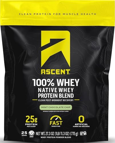 Ascent 100% Whey Protein Powder - Post Workout Whey Protein Isolate, Zero Artificial Flavors & Sweeteners, Gluten Free, 5.5g BCAA, 2.6g Leucine, Military Exclusive, Mint Chocolate Chip 1.7 lb