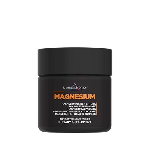 Livingood Daily Magnesium Supplement with Magnesium Glycinate, Citrate, Malate, Oxide, Aspartate, Amino Acid Complex and Chicory Root for Heart Health, Sleep and Muscle Support, 300mg, 60 Capsules