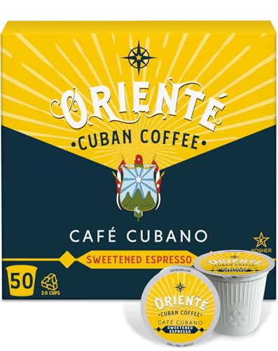 Oriente Sweetened Espresso Coffee Pods, 50 ct, Dark Roast Flavored Cuban Inspired Coffee in Recyclable Single Serve Pods - 100% Arabica Coffee, Compatible with Keurig K Cups Maker