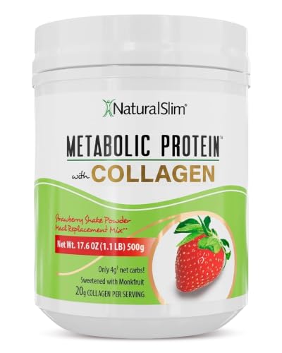 NaturalSlim Metabolic Protein Powder with Collagen Strawberry - Hydrolyzed Collagen Protein Powder for Hair, Skin, Bone, and Joint - Low Carb Meal Replacement Shake Mix - 17.6 oz