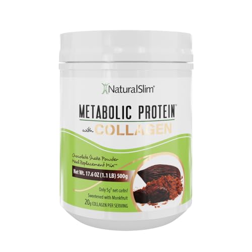 NaturalSlim Metabolic Protein Powder with Collagen Chocolate - Hydrolyzed Collagen Protein Powder for Hair, Skin, and Bone - Low Carb Meal Replacement Shake Mix - 17.6 oz