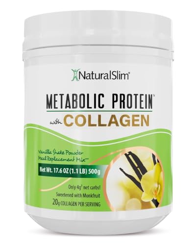 NaturalSlim Metabolic Protein Powder with Collagen Vanilla - Hydrolyzed Collagen Protein Powder for Hair, Skin, Bone, Joint, and Metabolism - Low Carb Meal Replacement Shake Mix - 17.6 oz