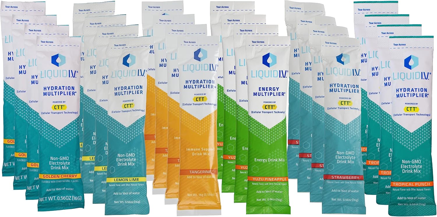 Niro Assortment | Hydration Multiplier - Liquid IV Variety Pack | 24 Pack | 4 Strawberry, 4 Lemon Lime, 4 Yuzu Pineapple, 4 Golden Cherry, 4 Tropical Punch and 4 Tangerine