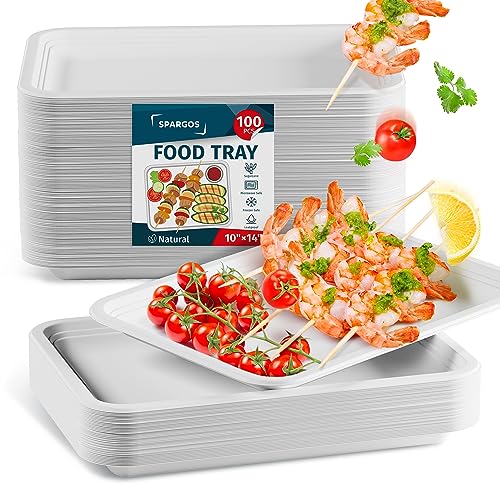 100 Pack 14 Inch Heavy Duty Disposable Food Trays Compostable Large Paper Plates Tray Set Natural Material Biodegradable for Party Serving Crawfish Lobster Crab BBQ Holiday Feast Seafood Supplies