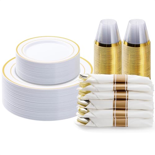 BESTVIP 175PCS Gold Plastic Dinnerware Set