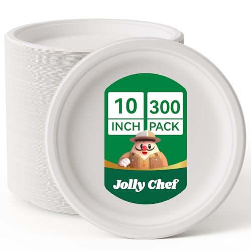 JOLLY CHEF Compostable Heavy Duty Plates 10 Inch [300 Pack] Eco-Friendly Disposable White Paper Plates Made of Bagasse Biodegradable Bulk for Party Dinner Sugarcane Fibers Round 300 Count