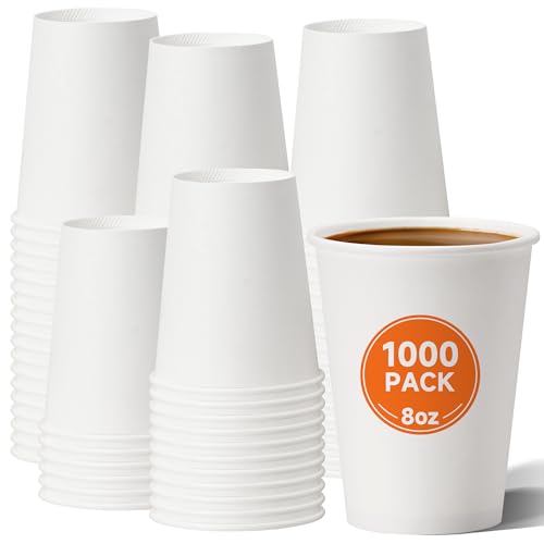 1000 Pack 8 oz Disposable Paper Cups, Paper Coffee Cups 8 oz, Hot Beverage Drinking Cups for Water, White, Suitable for Parties, Picnic, Travel, and Events