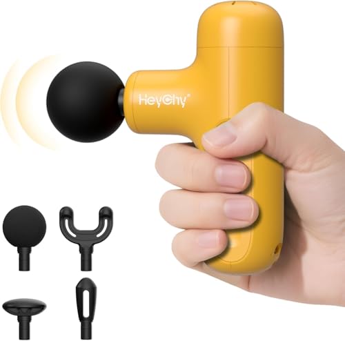 Mini Massage Gun Deep Tissue, Handheld Portable Mini Travel Size Percussion Deep Tissue Massager with 4 Attachments & 5 Speeds, Ideal Gift for Men & Women, Yellow