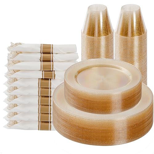 Goodluck 175 Piece Gold Glitter Plastic Dinnerware Set for 25 Guests, Fancy Disposable Plates for Party, Include: 25 Dinner Plates, 25 Dessert Plates, 25 Pre Rolled Napkins with Silverware, 25 Cups