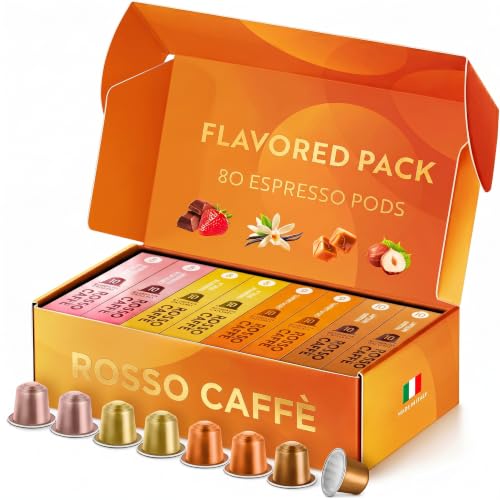ROSSO CAFFE Espresso Coffee Pods for Nespresso Original Machines - 80 Capsules Flavored Pack, 4 Rich and Balanced Flavors (Chocolate, Vanilla, Creme Caramel, Hazelnut) - Made in Italy