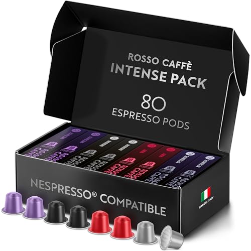 ROSSO CAFFE Espresso Coffee Pods for Nespresso Original Machines - 80 Capsules Dark Roast Intense Pack, 4 Strong and Robust Flavors - Made in Italy