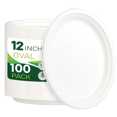 100PCS 100% Compostable White Oval Paper Plates(12in), Heavy Duty Disposable Plates, Eco-Friendly Dinner Plates, Biodegradable Salad, Meal, Dessert Plates, Perfect for Parties, Picnic, BBQ