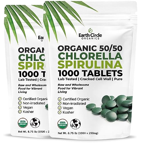 Premium Organic CHLORELLA /SPIRULINA 1000 Tablets (50/50) Kosher, Vegan - Green Algae Superfood, Cracked Cell Wall, Chlorophyll, High in Protein & Iron, no additives, or fillers 8.75 Oz (2 Pack)
