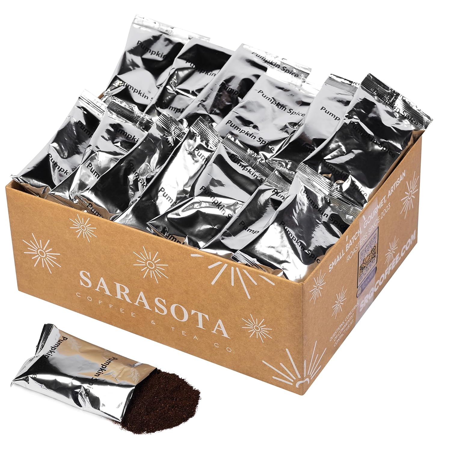 Sarasota Coffee Ground Packets | Gourmet Flavored Medium Roast Bulk Coffee Packs | Pumpkin Spice | Low Acid Mold Free Singles Individual Pouches for 12 Cup Coffee Maker | 2 Ounce Bags, 36 Count