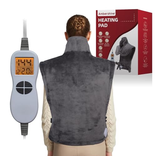 Ambershine 26"x35" XXXL King Size Neck& Shoulder& Back Heating Pad with 12 Temperature Settings& 4 Auto-Off Countdown Timers, Pain Relief for Back/Neck/Shoulder, Christmas gift for mom dad (Dark Gray)