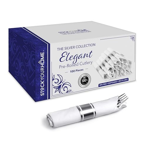 100 Pack Pre Rolled Silver Plastic Cutlery Set