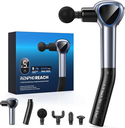 RENPHO Massage Gun with Extension Handle Percussion, Gifts for Men Women, Portable Mini Handheld Deep Tissue Muscle Massager with LED Screen for Back Pain Relief, FSA HSA Eligible, Reach Gold